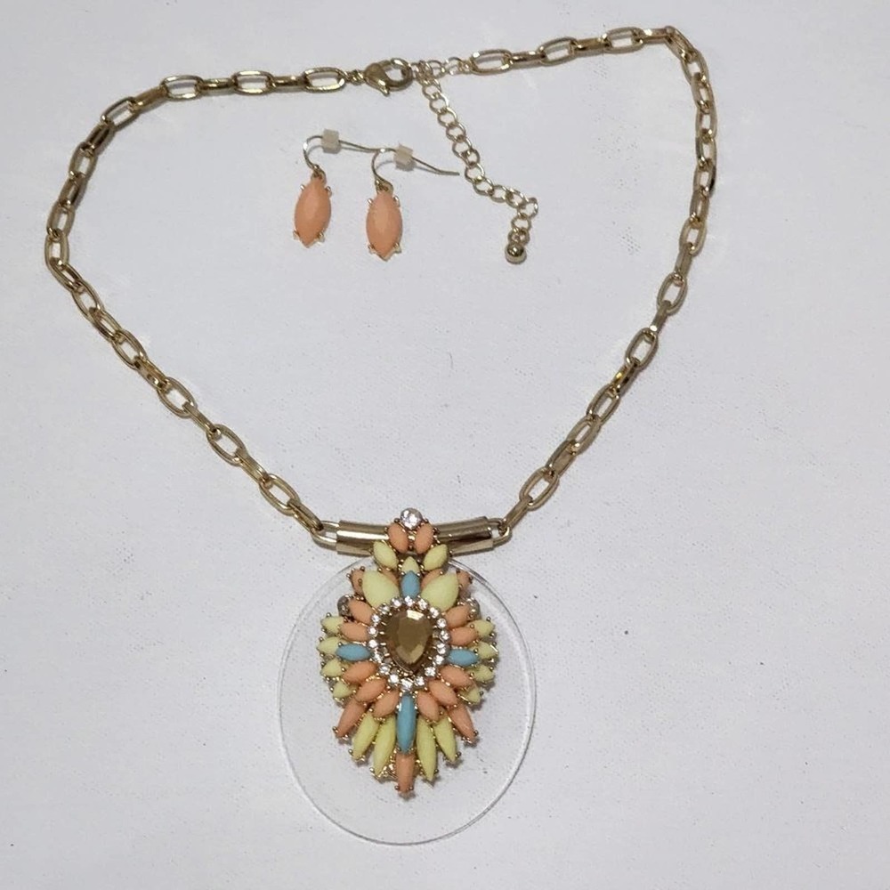 Treska LUCITE yellow,‎ orange, & teal beaded necklace and earrings set
